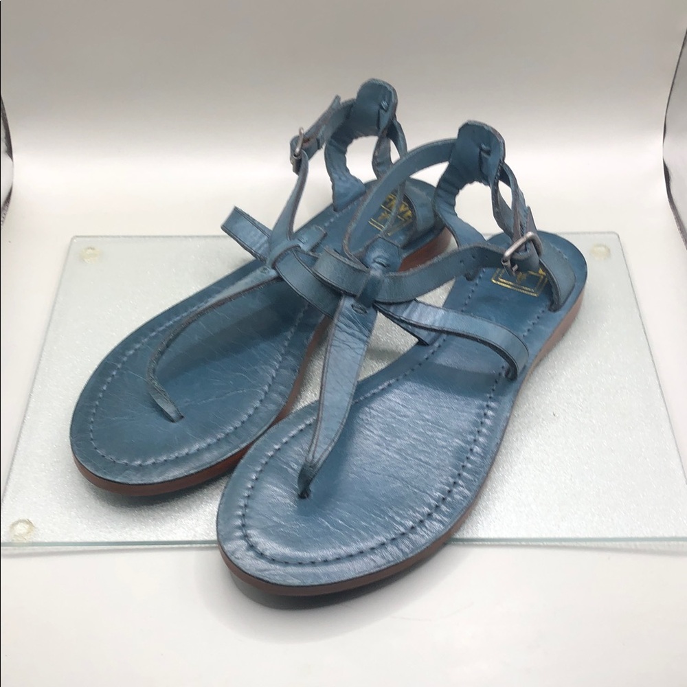 Frye Taylor Blue Leather T Strap Sandals Strapy New NWOB